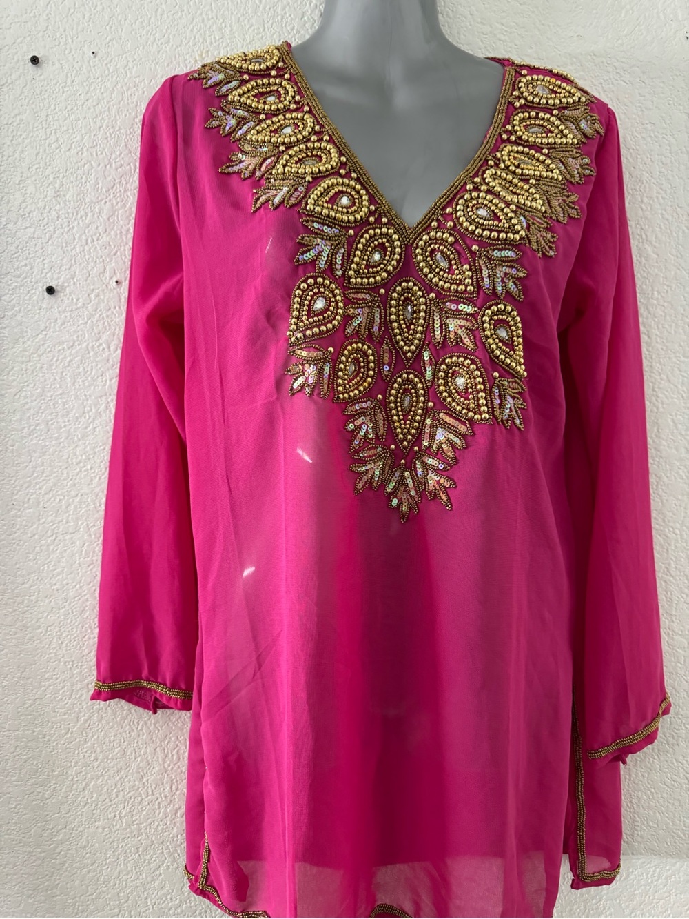 Gold-Embellished Fuchsia V-Neck Women's Tunic